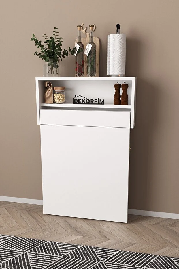 Duvara Monte Siyah Ayaklı Pratik Katlanır Kırma Mutfak ve Beyaz Yemek Masası